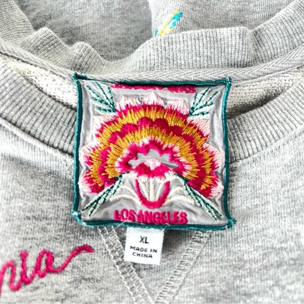 JOHNNY WAS California Raglan Gray Multicolor Embroidery Cotton Sweatshirt Sz XL - Picture 15 of 16